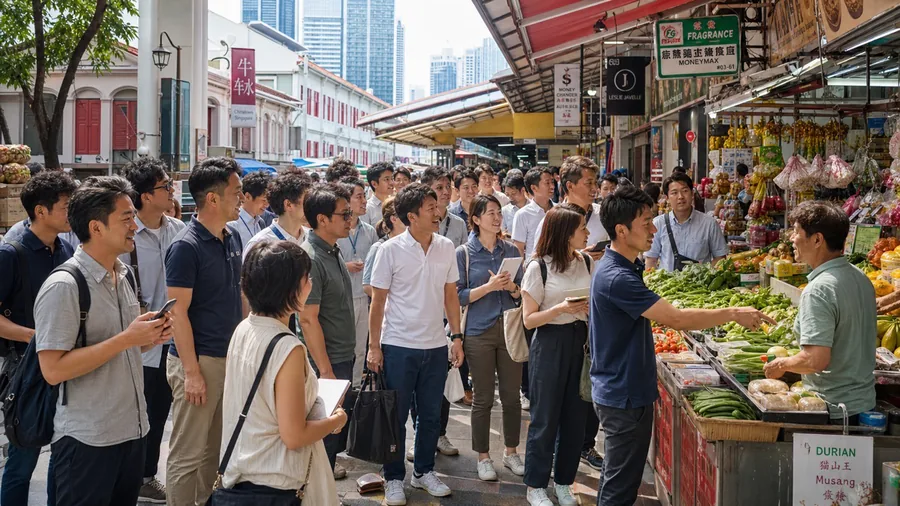 シンガポールの市場を視察するツアー参加者