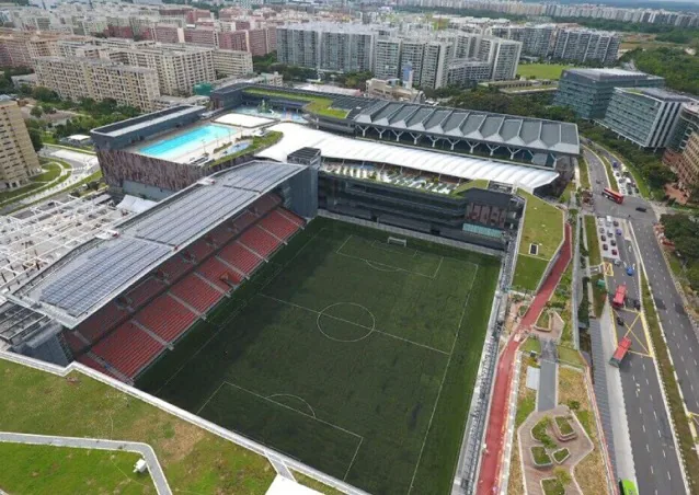 Our Tampines Hub のスタジアムを上空から見た様子